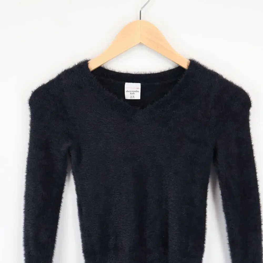 Abercrombie & Fitch Kids Fuzzy Eyelash Knit V Neck Pullover Black Sweater  5/6